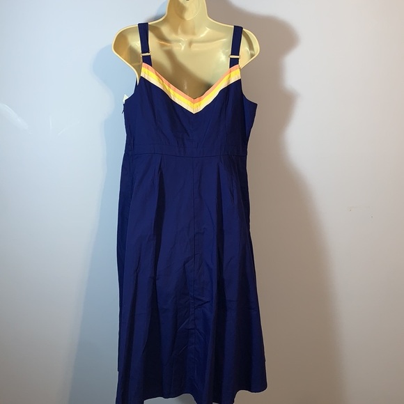 ModCloth Blue Dress vneck peach yellow white stripe bust trim fit flare 14 plus - Picture 2 of 8